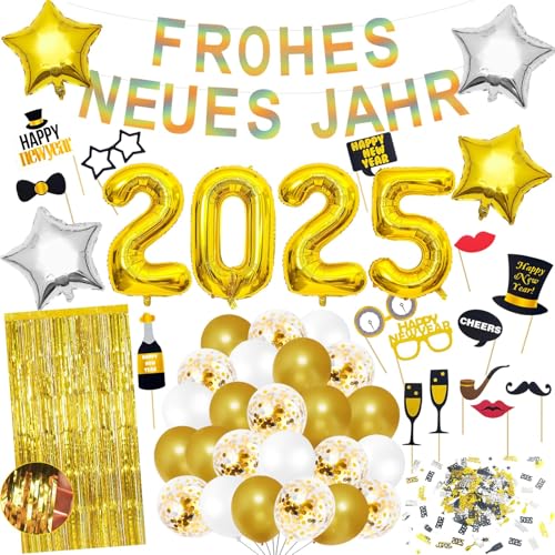 Silvester Deko 2025 XXL Dekoration Set, Frohes Neues Jahr Ballonset, Silber Gold Neujahr Deko, Silvester Party Set, Silvester Konfetti Foto Requisiten Neujahr Lametta-Vorhang von Zoonvii