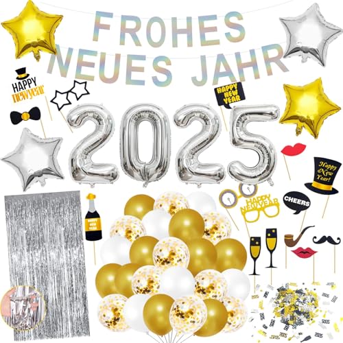 Silvester Deko 2025 XXL, 2025 Neujahrsballons Silber, Frohes Neues Jahr Ballonset, Silber Gold Neujahr Deko, Silvester Party Set, Silvester Konfetti Foto Requisiten Neujahr Lametta-Vorhang (Weiß) von Zoonvii