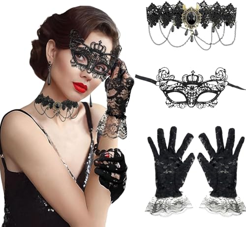 3 Stück Steampunk Kostüm Damen Accessoires,Steampunk Handschuhe Damen,Spitzenmaske,Gotisch Choker Halskette,Gothic Schmuck Accessoires,Vampir Kostüm Damen Zubehör für Halloween Karneval Maskerade von Zoonvii