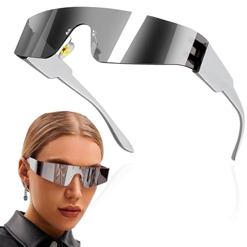 Futuristische Sonnenbrille,Rave Brille,Schnelle Brille,Techno Brille,Space Brille Alien Brille Set,Futuristische Verspiegelte Sonnenbrille,Funbrille,Partybrille,Cosplay Kostüm Zubehör,Silber von Zoonvii