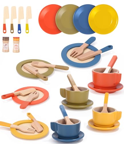 26 PCS Puppengeschirr Kinderküche Spielküche Zubehör Kinder, Geschirrset aus Holz Kinder, Kinderküche Zubehör, spielküche zubehör, Küchen Spielzeug für Rollenspiele, Geschenk für Kinder ab 3 Jahren von Zounin