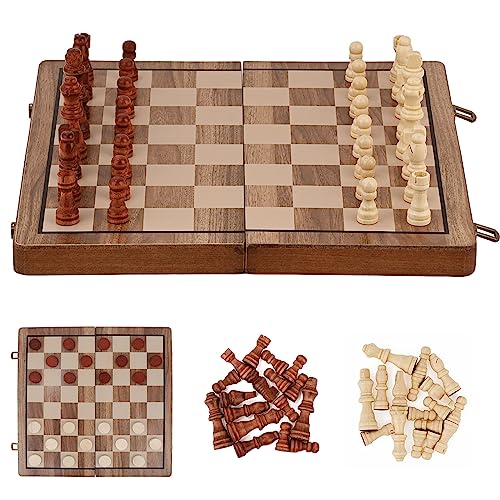 Zoutpy Schachsets - Magnetisches Reise-Faltholz-Schachbrett-Set, tragbares Spiel, internationales Schach- und Damespiel-Set, 2-in-1 für Kinder, Erwachsene (39 * 39 cm) (Walnussfarbe) von Zoutpy