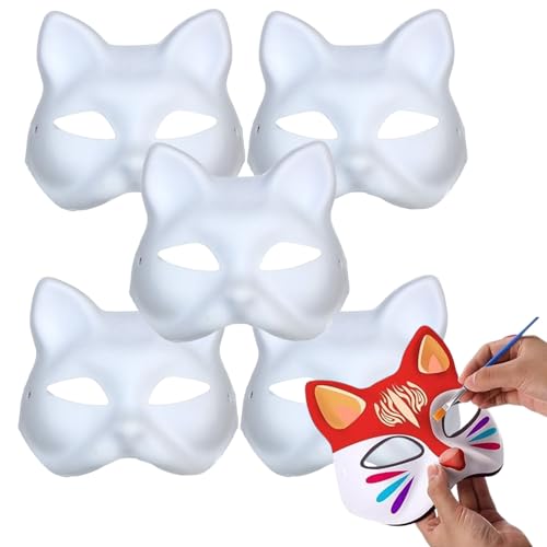 5 Stück DIY Katzenmaske,Handgemalte Fuchs Maske,Therian Mask Weiß, Karneval Maske Maskenball,Party Maske Unbemalt Katze Masken Fuchsmaske,Cosplay Masken Kostüm Maske Leere Maske lustige Tiermasken von Zouwel