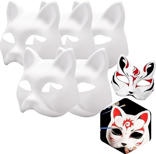 5 Stück DIY Katzenmaske,Therian Mask Weiß, Handgemalte Cat Maske,Karneval Maske Maskenball,Party Maske Unbemalt Katze Masken Fuchsmaske,Cosplay Masken Kostüm Maske Leere Maske lustige Tiermasken von Zouwel