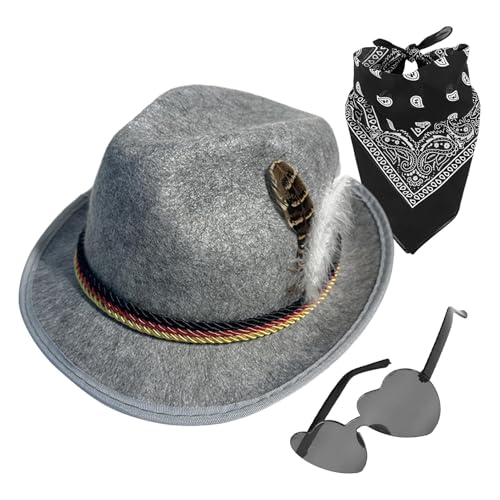 Zqkimzi Alpenhut - 1Set Fedora Oktoberfest Hut mit Kopftuch, Brille - Vlies Deutscher Jägerhut Oktoberfest Kostüm Accessoires für Herren von Zqkimzi