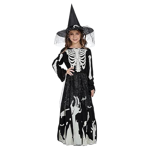 Zqkimzi Witch Costume Set, Skeleton Dress Up, Witch Hat Costume, Halloween Skeleton Dress, Children Witch Costume Set with Girls Skeleton Dress and Witch Hat for Halloween and Theme Gathering von Zqkimzi