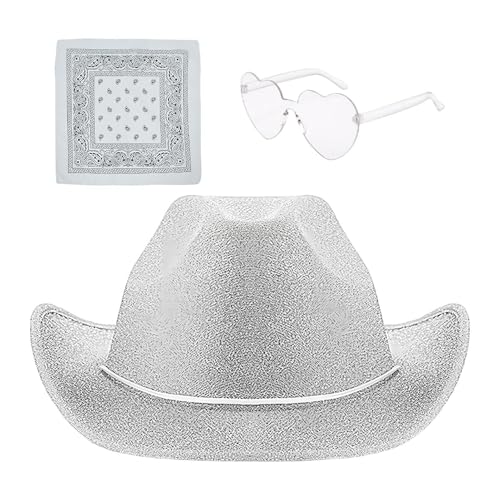 Zuasdvnk Cowboyhut für Damen, Party-Kopfbedeckung, Cowboyhut, 3 x glitzernde Hüte, breite Krempe, Partyhut, Westernhut mit Bandana und Brille, Western-Kostüm-Zubehör von Zuasdvnk