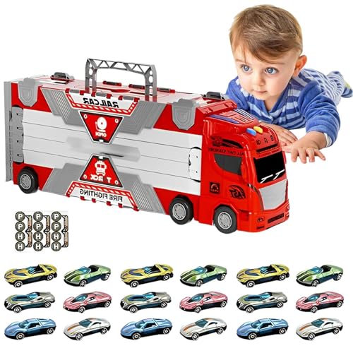 Zuasdvnk Faltbares LKW-Spielzeug, Transport-LKW-Spielzeug - Transporter-Spielzeugset für Kinder,Rennstrecke und 18 Spielzeugautos, Rennwagen mit Licht und Sound, LKW-Spielzeug für Jungen und Mädchen von Zuasdvnk