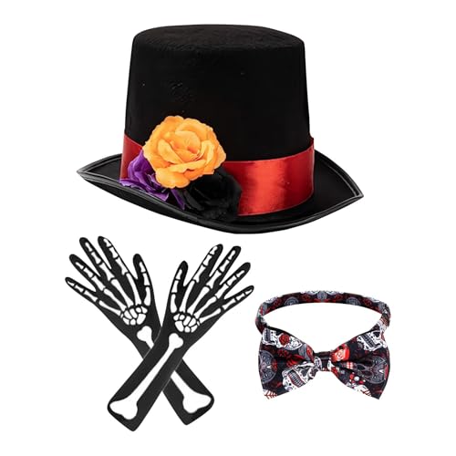 Zuasdvnk Halloween-Zubehör-Set für Herren – Zubehör für Tag der Toten, Rosendesign, Halloween-Hüte für Herren, Halloween-Kostüme für Männer, verstellbar von Zuasdvnk