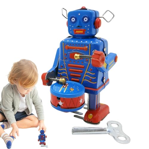 Zuasdvnk Roboter-Retro-Spielzeug,Retro-Aufziehspielzeug - Trommelspielzeug aus Metall zum Aufziehen,Blaues Uhrwerk-Spielzeug zum Sammeln, niedliches Schaukelspielzeug für Bücherregale, von Zuasdvnk