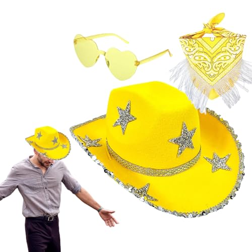 Zubehors Disco-Cowboyhut, Bling-Cowboyhüte für Damen - 3X herzförmige Sonnenbrille Cowboyhut - Cosplay-Zubehör-Set, glitzernder Cowgirl-Hut für Disco-Partys, Western-Hochzeits-Cosplay von Zubehors