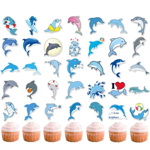 50 Stück Delfin Cupcake Topper, Delfin Dolphin Aufkleber, DIY Cupcake Dekoration, süßes Delfin Delphin Partyzubehör, DelfinParty (2 in 1) (dolphin) von Zuisytm