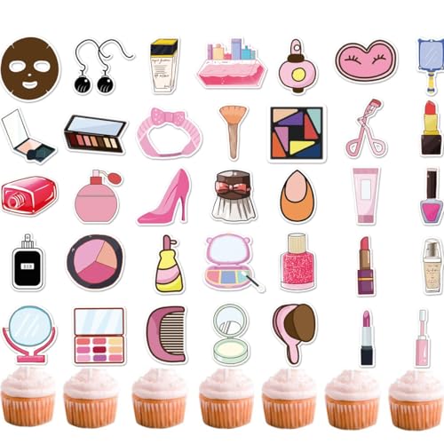 50 Stück Makeup Cupcake Topper, Makeup Aufkleber, DIY Cupcake Dekoration, Makeup Werkzeuge, Partyzubehör, SPA Party (2 in 1) (makeup) von Zuisytm