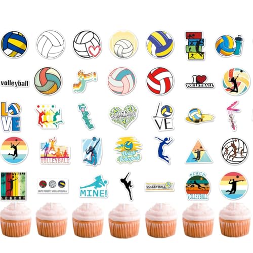 50 Stück Volleyball Cupcake Topper, Volleyball Aufkleber, DIY Cupcake Dekoration, Sport Party Zubehör, Volleyball-Party (2 in 1) (volleyball) von Zuisytm