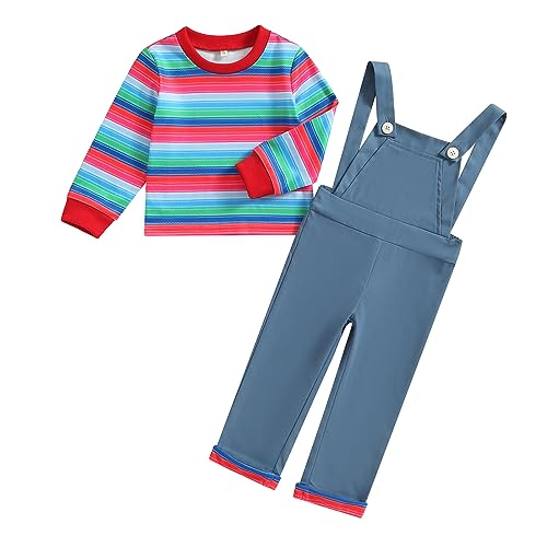 Zukmuk Baby-Halloween-Outfits, langärmelig, gestreifter Druck, Oberteil und Strapshose, Kleinkind, Chucky-Kostüm, Overall, Cosplay-Kostüm (blau, 3–4 Jahre), 2-teilig von Zukmuk