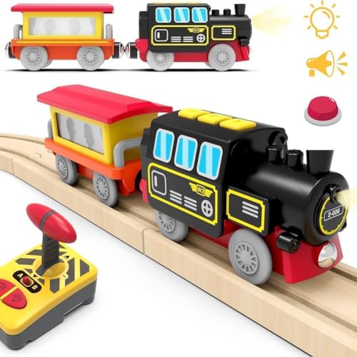 ZUOAN Motorisierter Zug für Holzschienen, Ferngesteuerter Zug mit Magnetanschluss, batteriebetriebenes Lokomotivzug-Set, kompatibel mit Thomas, Brio, Chuggington (ohne Holz-gleise) von Zuoan