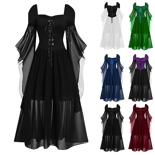 Gothic Halloween Kleid Kostüm Damen A-Linie Maxi Kleider mit Schmetterlingsärmeln Karneval Kostüm Festliches Vintage Hexenkleid Cosplay Club Party Kostüme Mittelalter Kleid Cosplay Kostüm (2-BK1, M) von Zuoyue