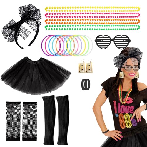 Zuzer 80er 90er Jahre Outfit Damen, 80er Jahre Kleidung 25PCS 80er Jahre Kleidung Kostüm Neon Accessoires Thema Party Karneval Clothes Schwarz von Zuzer