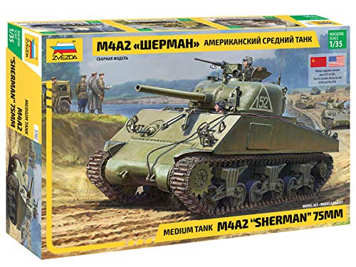 Zvezda 1:35 M4A2 Sherman (75mm) Medium US WWII, Modellbausatz,Plastikbausatz, Bausatz zum Zusammenbauen, detaillierte Nachbildung von Zvezda