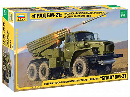 Zvezda 500783655 Russian Truck-Mounted Multiply Rocket Launcher Grad BM-21 500783655-1:35 Plastikbausatz-Modellbausatz-Zusammenbauen-Bausatz-für Einsteiger-detailliert, Olive, 21.6 cm von Zvezda