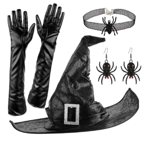 ZwaitL Halloween Hexenkostüm Hut Handschuhe Ohrringe Choker Set Party Hut geraffte Zauberer Hut Unisex Hexe Cosplay Kostüm Set von ZwaitL