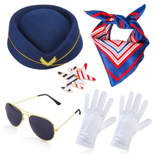 ZwaitL Stewardess-Hut für Erwachsene, Kopftücher, Sonnenbrille, Handschuhe, Brosche, Set für Karneval, Frau, Stewardess-Hut für Halloween-Fotografie von ZwaitL