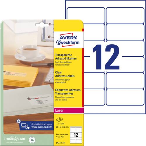 Zweckform Avery-L4772-25 Adress-Etiketten 99.1 x 42.3mm Polyester-Folie Transparent 300 St. Permanen von Avery-Zweckform