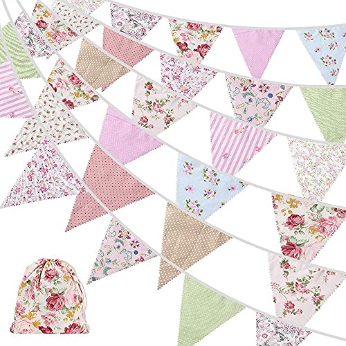 Zyeatary 40Ft Fabric Bunting, 42 StüCke Draussen Banner, Floral Vintage Baumwolle Dreieckige Flagge für Garten Geburtstags Feier von Zyeatary