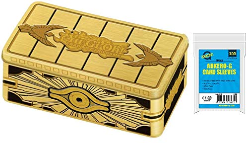 a YuGiOh! Mega Tin Box 2019 Gold Sarcophagus - TN19 | DEUTSCH | Yu-Gi-Oh! Karten NEU | + Arkero-G 100 Small Soft Sleeves japanische Kartenhüllen von a