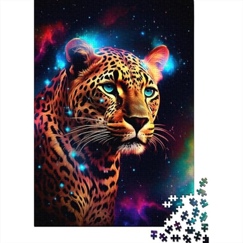 1000-teiliges künstlerisches leuchtendes Leoparden-Puzzle für Kinder, Holzbrett-Puzzle, Familien-Puzzlespiel, Stressabbau-Puzzle für Kinder (75 x 50 cm) von aaaaab