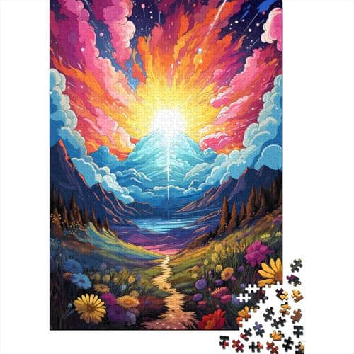 300-teiliges kreatives quadratisches Puzzle mit Psychedelischer Malereilandschaft für Teenager, anspruchsvolles Holzbrett-Puzzlespiel (40 x 28 cm) von aaaaab