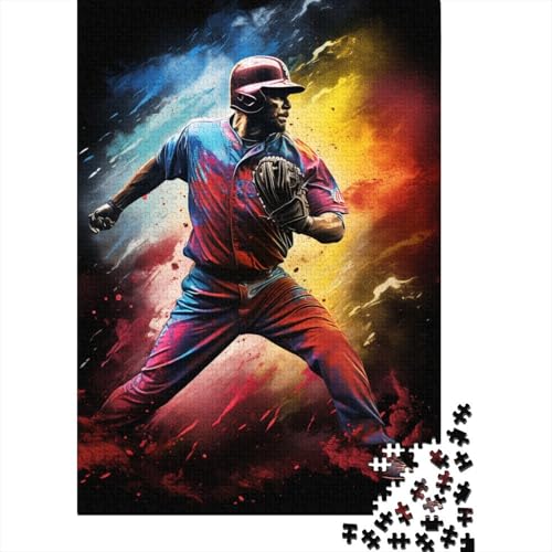 500-teiliges Puzzle mit Baseballspieler in Fantasiefarben für Kinder, Holzbrett-Puzzle, Familien-Puzzlespiel, Stressabbau-Puzzle für Kinder (52 x 38 cm) von aaaaab