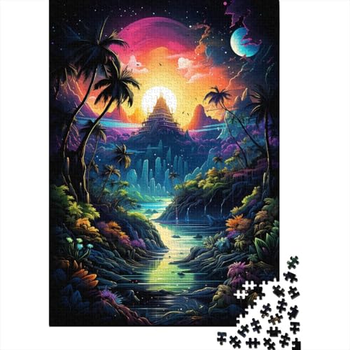 Psychedelischer Sonnenuntergangs-Dschungel, Holzpuzzlespiel mit 1000 Puzzleteilen, kreatives Puzzle für Teenager und Erwachsene, kreatives Dekompressionsspielzeug, Puzzles (75 x 50 cm) von aaaaab