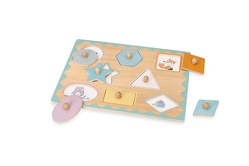 Holz-Steckpuzzle ab 1 Jahr, Formen, Kinder - Holzpuzzle 8 Elemente - Am Griff herausziehbar - Sensorisches Spielzeug - Unter Formen versteckte Tiere von adam toys