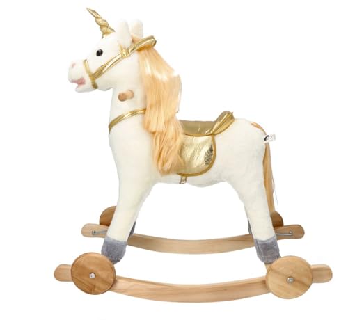 Schaukelpferd, interaktives Spielzeug mit Tiergeräuschen und Haltegriffen - Holzpferd für Ihr Baby ab 3 Jahren - Schaukeltier GOLDENES EINHORN - 75x36,5x73cm von adam toys