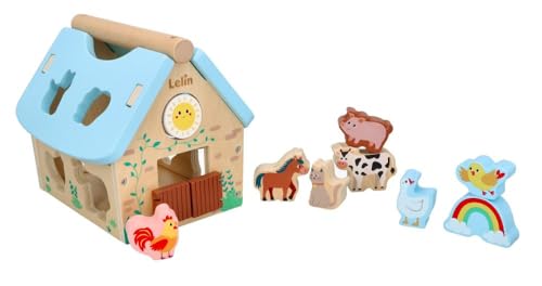 adam toys Lelin - Motorikwürfel ab 1 Jahr - Holzspielzeug für Kinder - Steckhaus Bauernhof mit Tieren, mit abnehmbarem Dach und beweglichen Elementen - Kinderspielzeug ab 1 Jahr, Sensorik Spielzeug von adam toys