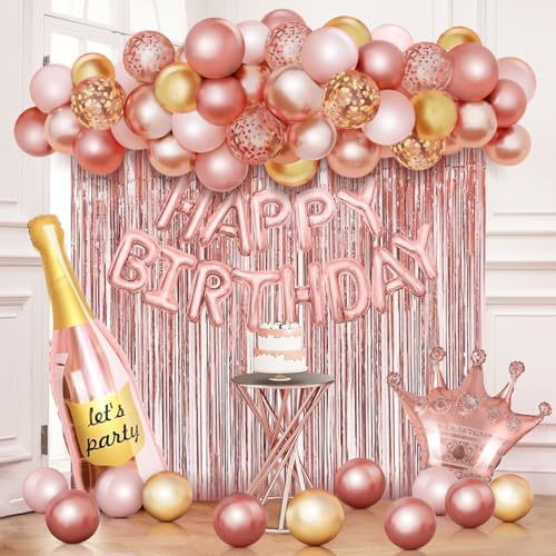 Rose Gold Geburtstag Party Dekorationen für Frauen Mädchen, Rose Gold Champagner Flasche Kelch Krone Folie Ballons mit Fransen Vorhang Happy Birthday Banner für 30. 40. Geburtstag Zubehör Dekor von af-tigonhw