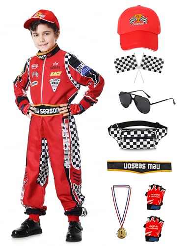 aicoaub Rennfahrer Kostüm Jungen Racer Racer Overall Jumpsuit mit Gläser Gürteltasche Medaille Handschuhe Hut Flagge für Karneval Cosplay von aicoaub