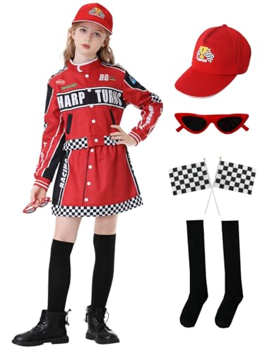 aicoaub Rennfahrer Kostüm Mädchen Racer Racer Overall Jumpsuit mit Gläser Gürteltasche Medaille Handschuhe Hut Flagge für Kind Karneval Cosplay von aicoaub