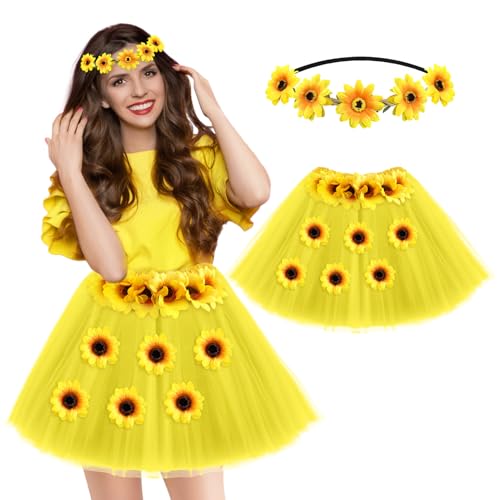 Damen Sonnenblumen Karneval Kostüm: Gelber Tutu Tüllrock mit Sonnenblumen Stirnband - Sonnenblume Kostüm für Karneval Mottoparty und Cosplay (Sonnenblumen) von ailker