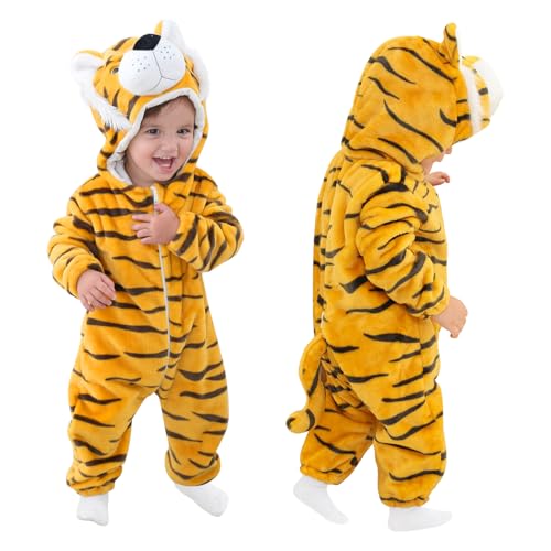 Tiger Onesie Kostüm Kinder: Unisex Baby Kostüm Tiger Overall mit Kapuze - Faschingskostüm Tiger Kinder für Jungen und Mädchen Tierkostüm für Karneval und Halloween (Tiger, 100(18–24 Monate)) von ailker