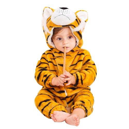 Tiger Onesie Kostüm Kinder: Unisex Baby Kostüm Tiger Overall mit Kapuze - Faschingskostüm Tiger Kinder für Jungen und Mädchen Tierkostüm für Karneval und Halloween (Tiger, 110(24–30 Monate)) von ailker