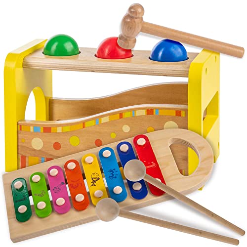 all Kids United® Holz Hammerspiel Xylophon für Kinder - Musikinstrument Glockenspiel Xylofon Klangspiel; Holz-Spielzeug Motoriktraining (Triff den Ball Xylophon) von all Kids United