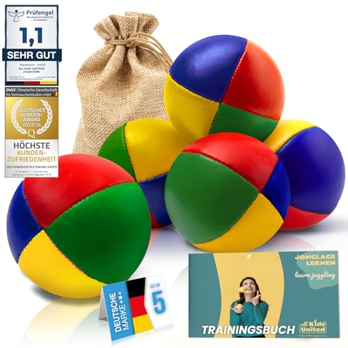 all Kids United® Jonglierbälle im 5er Set; Professionelles Jonglierball-Set im Jute-Beutel; Weiche Juggling Balls für Anfänger & Fortgeschrittene mit Gratis E-Book zum Trainieren von all Kids United