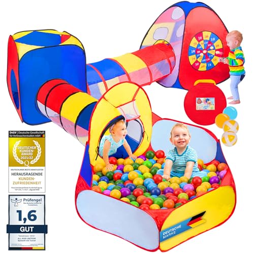 all Kids United® Spielzelt mit Tunnel, Bällebad, Krabbel-Tunnel & mehr (ohne Bälle) XXL Spielland 5-teiliges Pop-Up Spiel-Haus mit Tasche von all Kids United