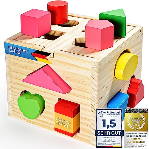 all Kids United® Steckwürfel aus Holz-Würfel Lernspielzeug-Puzzle Steckbox Spielbox für Baby & Kleinkind; Holz-Spielzeug trainiert Motorik; Förderung von Formerkennung und Konzentration (Steckbox) von all Kids United