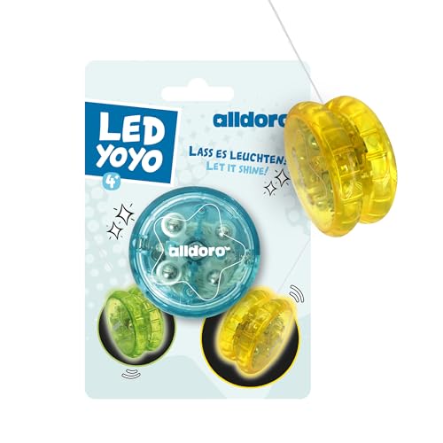 alldoro 60342 - LED YoYo Ø 6 cm, leuchtendes Anfänger Jojo aus Kunststoff, Einsteiger Yo Yo mit Leuchteffekt für Kinder ab 3 Jahren, für Indoor und Outdoor, inklusive Batterien, in 4 Farben sortiert von alldoro