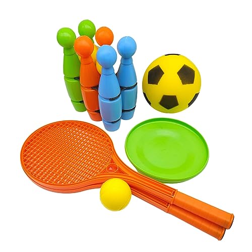 alldoro 60042 XXL-Outdoor-Spiel-Set, Kunststoff, mit Kegelspiel, Fußball, Wurfscheibe und Soft-Tennisspiel, Tragetasche von alldoro