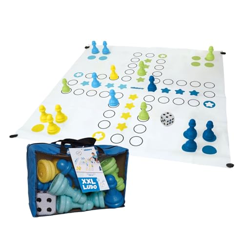 alldoro 60060 Garten Ludo, XXL Outdoor Brettspiel mit 16 Spielfiguren und Würfel, Riesenludo mit Tragetasche, große Garden Matte mit Laufspiel Muster, Spiel für Kinder ab 3 Jahre und Erwachsene von alldoro