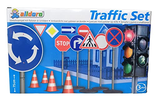 alldoro 60097 XXL-Verkehrsset Big Set Verkehrskunde mit Ampel, Verkehrszeichen, Pylonen für Kinder-41 TLG, bunt, 75 cm von alldoro